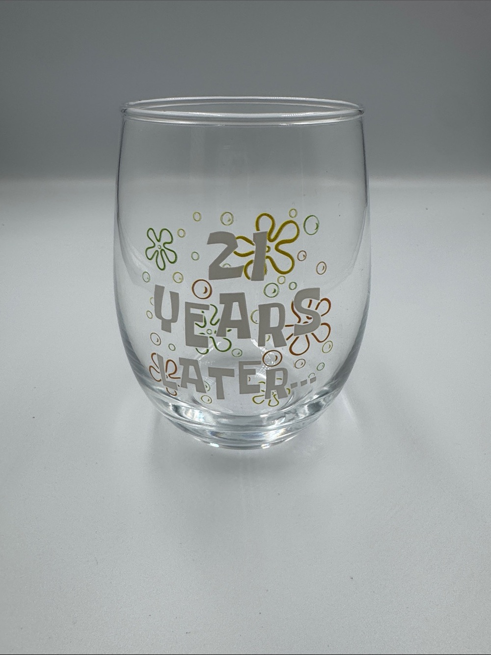 '21 Years Later' Spongebob Clear Glass Tumbler with Green & Gold Floral Accents